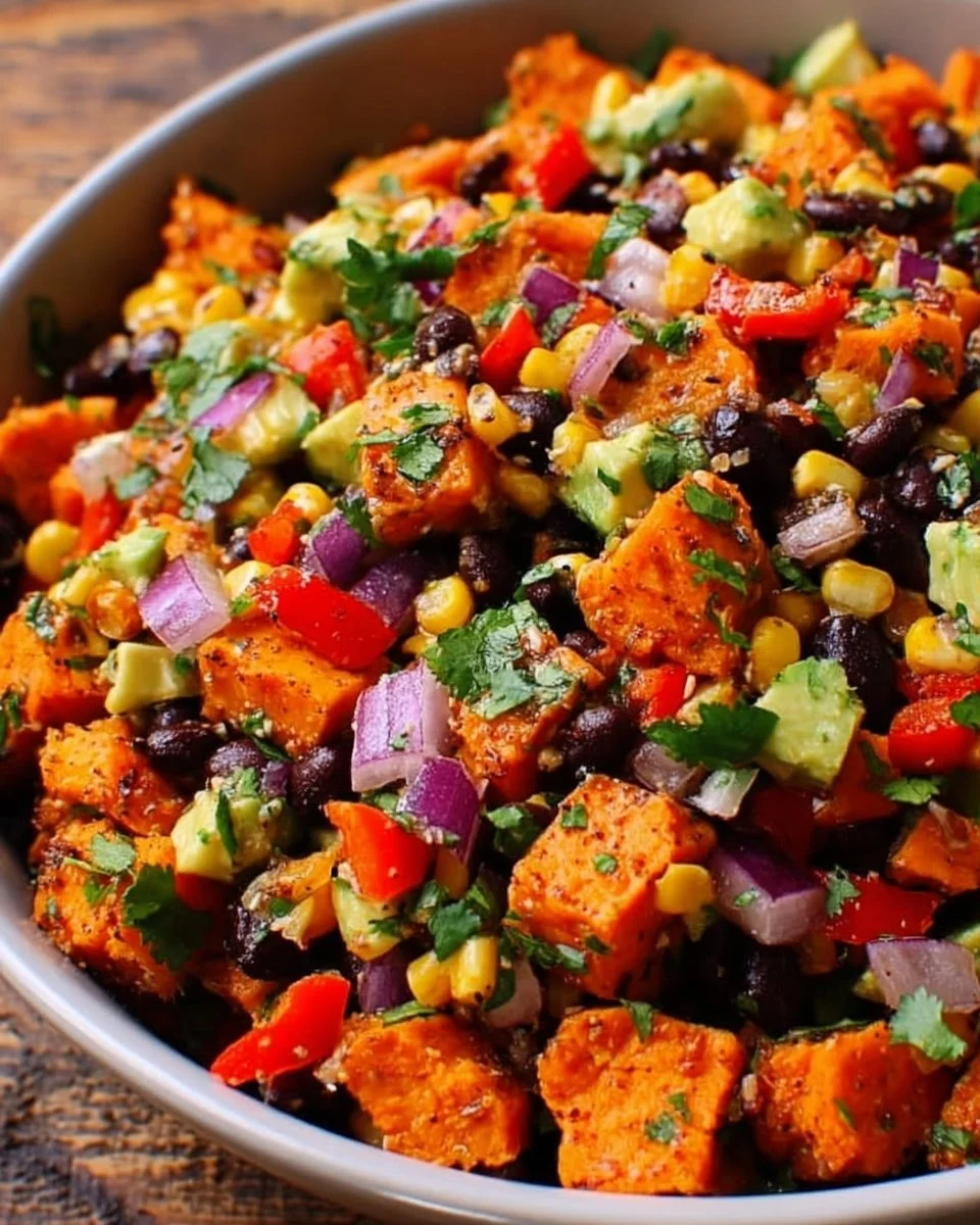 A vibrant roasted sweet potato black bean salad served in a bowl.