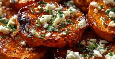 Roasted sweet potato rounds topped with honey and feta cheese