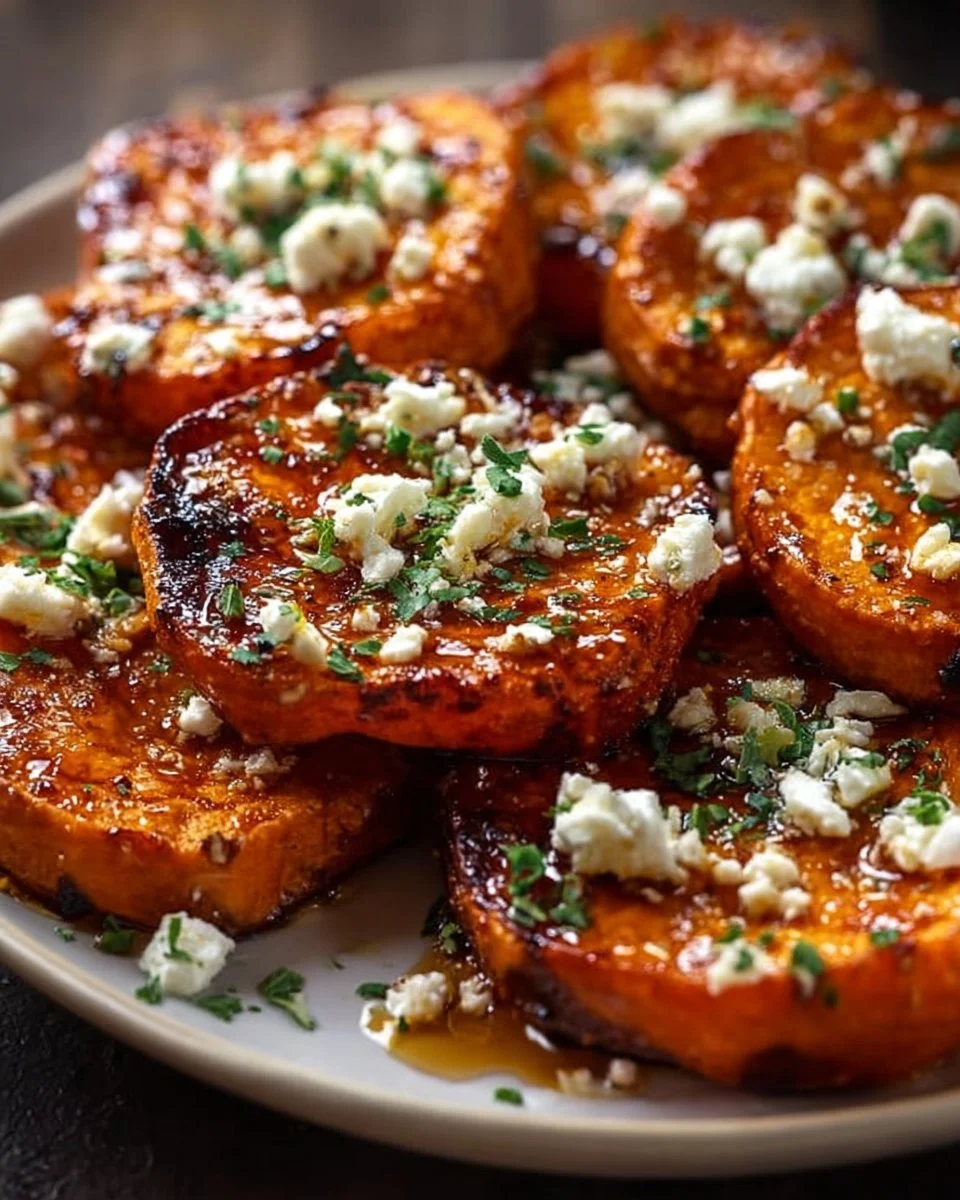 Roasted sweet potato rounds topped with honey and feta cheese