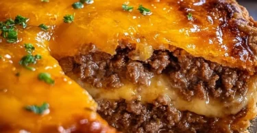 Savory cheeseburger pie with melted cheese and fresh toppings