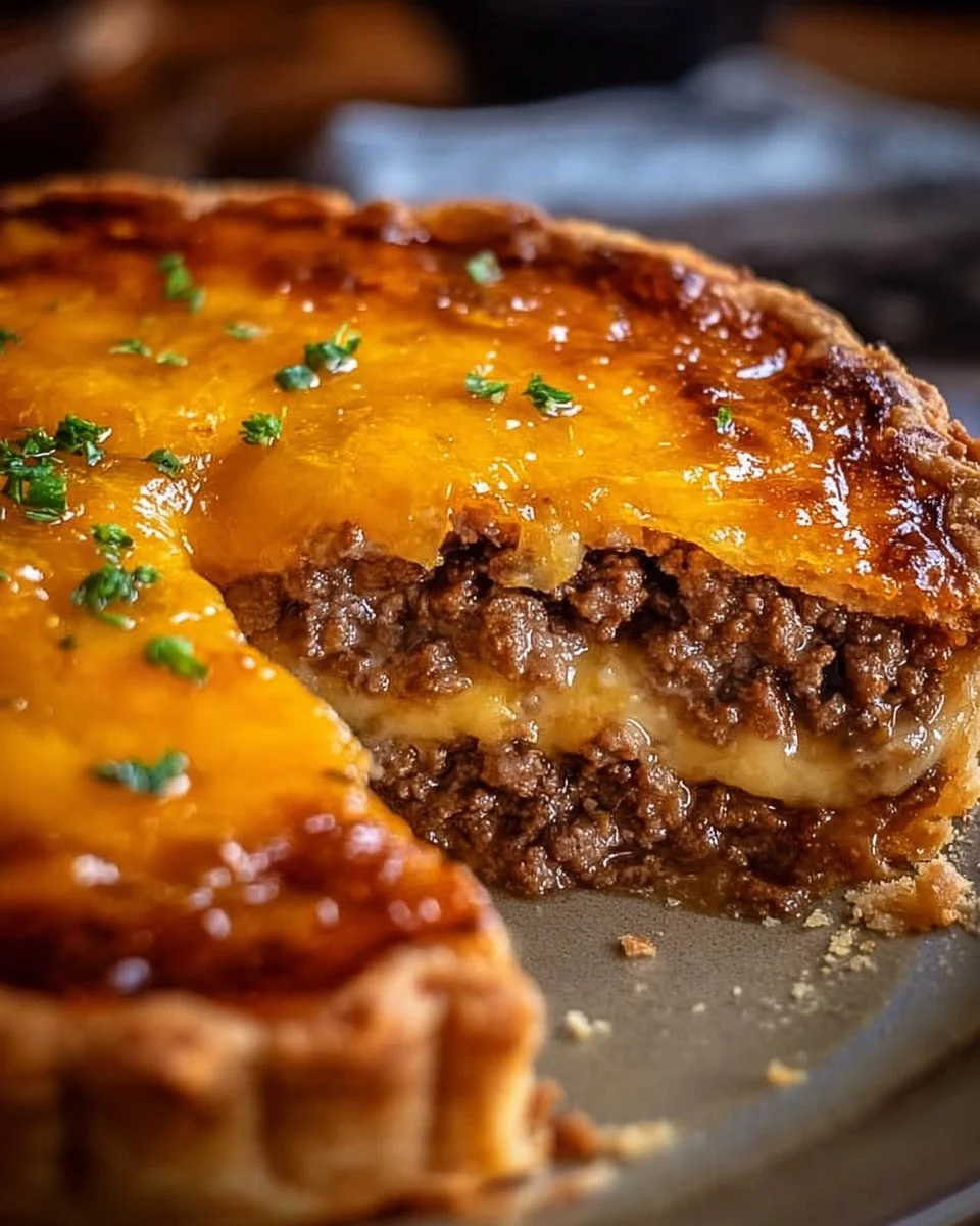 Savory cheeseburger pie with melted cheese and fresh toppings