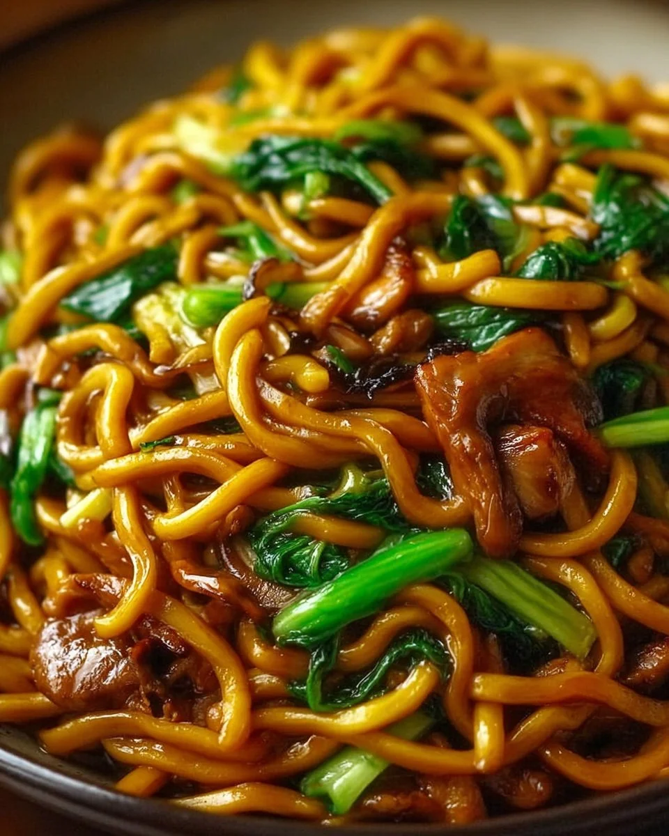 Plate of savory Shanghai Fried Noodles with colorful vegetables and toppings