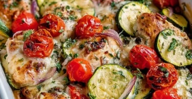 Sheet Pan Mediterranean Chicken with zucchini, ready to serve on a plate