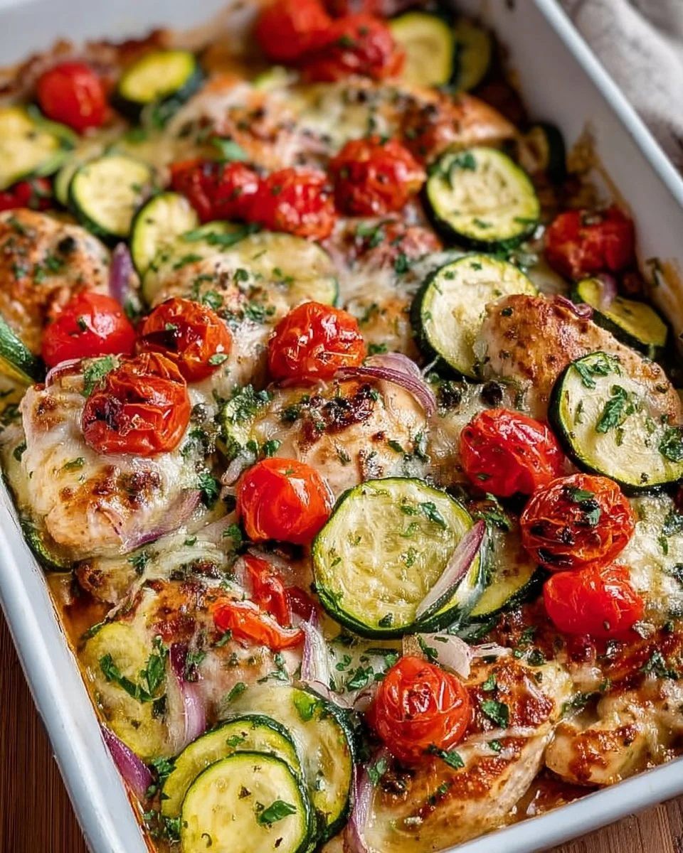 Sheet Pan Mediterranean Chicken with zucchini, ready to serve on a plate