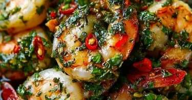 Shrimp chimichurri served on a plate with fresh herbs and spices