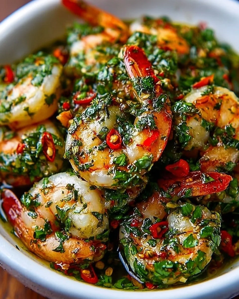 Shrimp chimichurri served on a plate with fresh herbs and spices