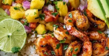 Shrimp rice bowl topped with fresh pineapple salsa, served in a vibrant dish.