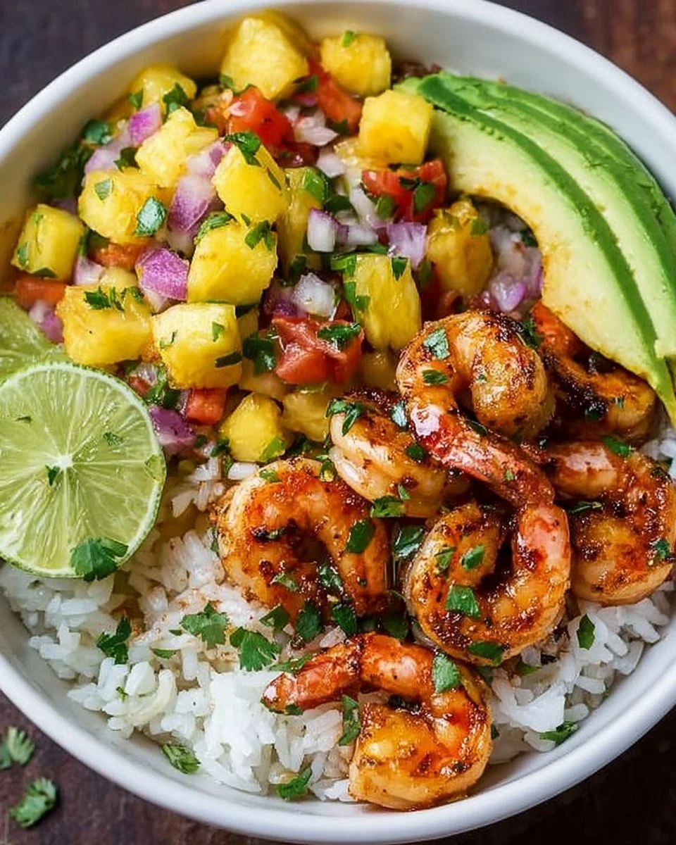 Shrimp rice bowl topped with fresh pineapple salsa, served in a vibrant dish.