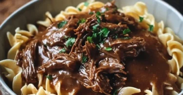 A delicious slow cooker beef and noodles dish served in a bowl