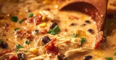 Bowl of Slow Cooker Cheesy Chicken Chili topped with cheese and herbs