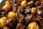Slow cooker garlic butter beef bites served with tender potatoes