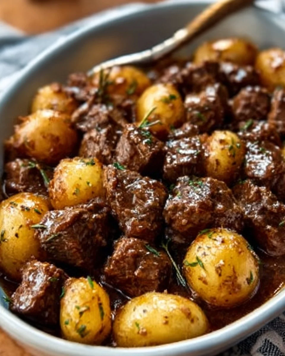 Slow cooker garlic butter beef bites served with tender potatoes