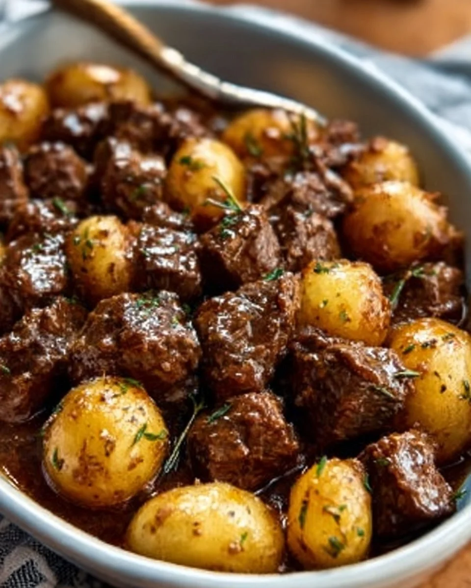 Slow Cooker Garlic Butter Beef Bites & Potatoes