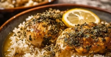 Slow cooker lemon herb chicken served with rice and fresh herbs