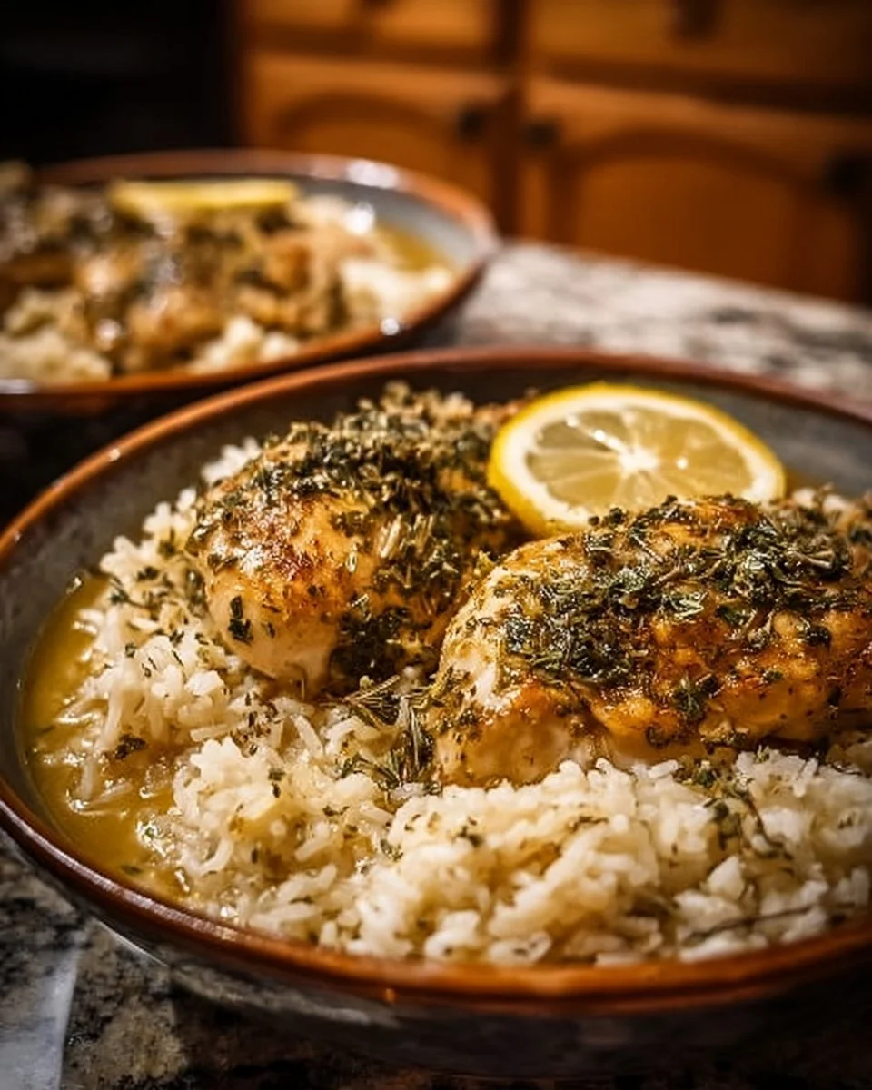 Slow cooker lemon herb chicken served with rice and fresh herbs