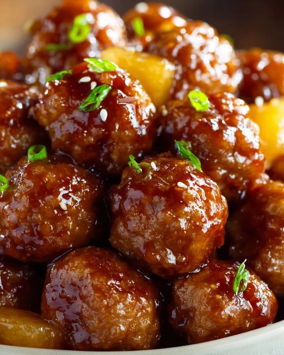 Slow cooker teriyaki meatballs served on a plate with garnish