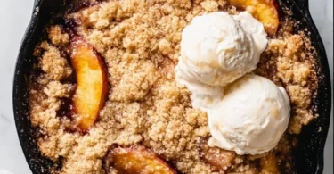 Smoked Bourbon Peach Cobbler dessert with fresh peaches and crispy topping