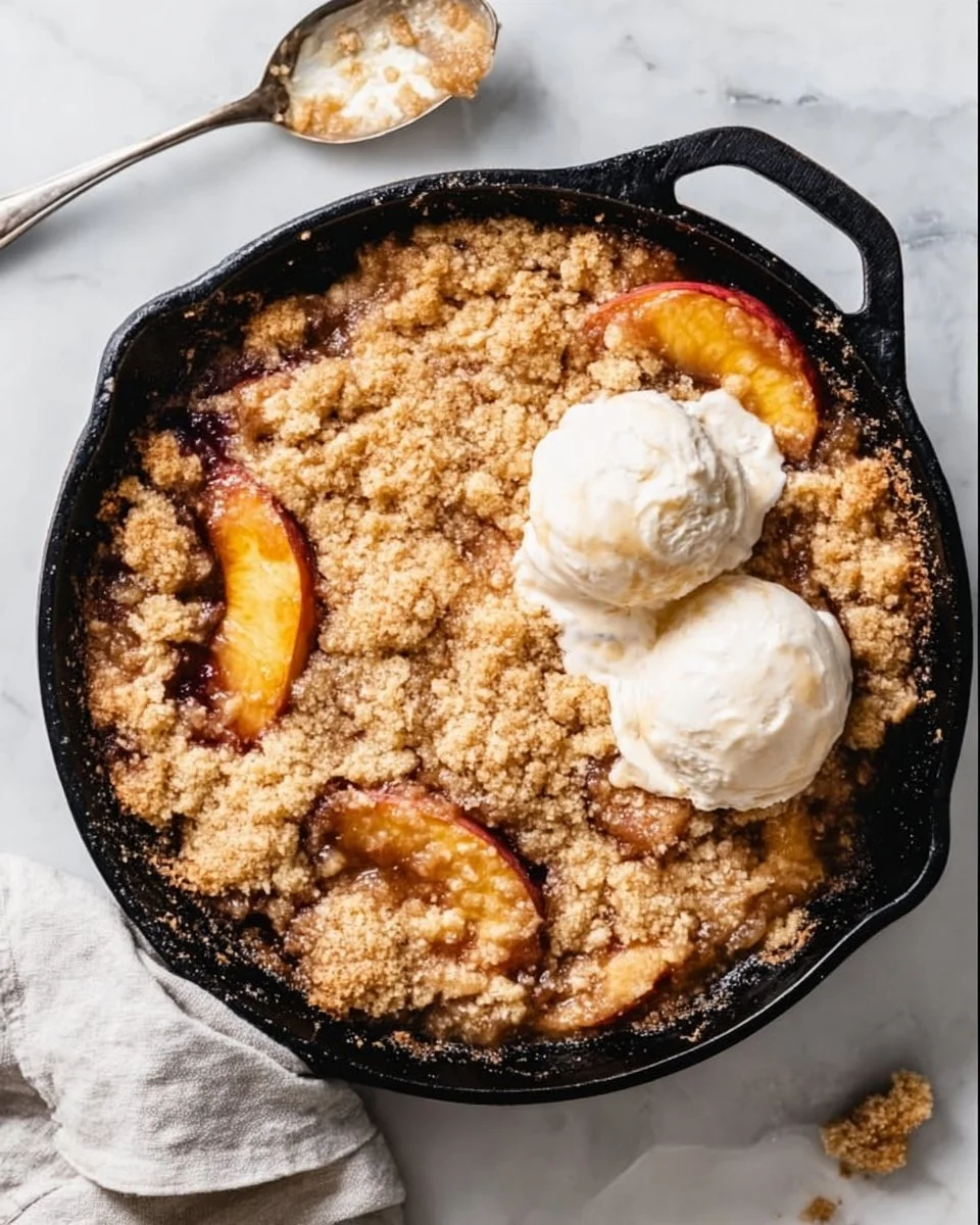 Smoked Bourbon Peach Cobbler dessert with fresh peaches and crispy topping