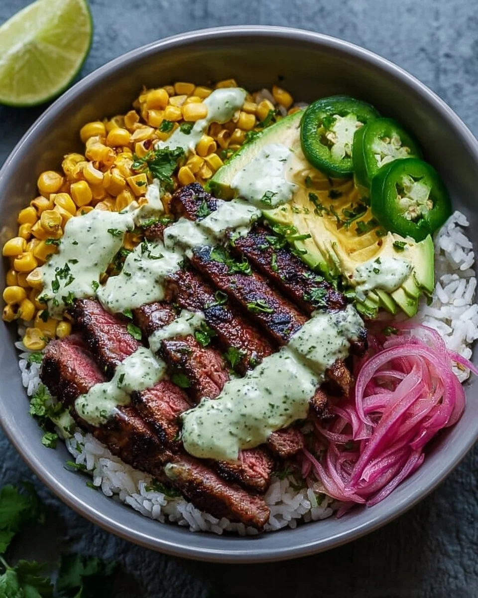Steak bowl topped with avocado, roasted corn, and cilantro cream sauce.