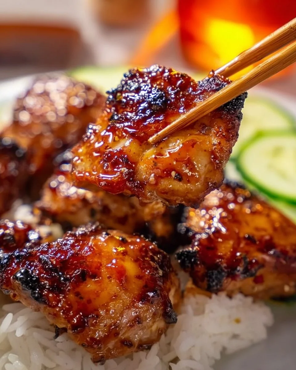 Sticky sweet chili chicken thighs cooked in an air fryer