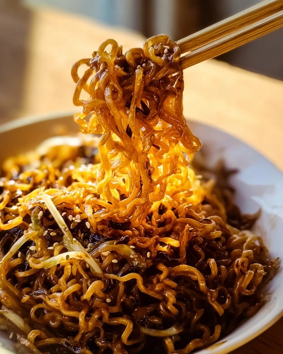 Stir-fried garlic ramen noodles served in a bowl garnished with green onions