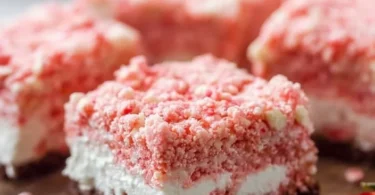 Delicious strawberry crunch brownies topped with a strawberry crumble