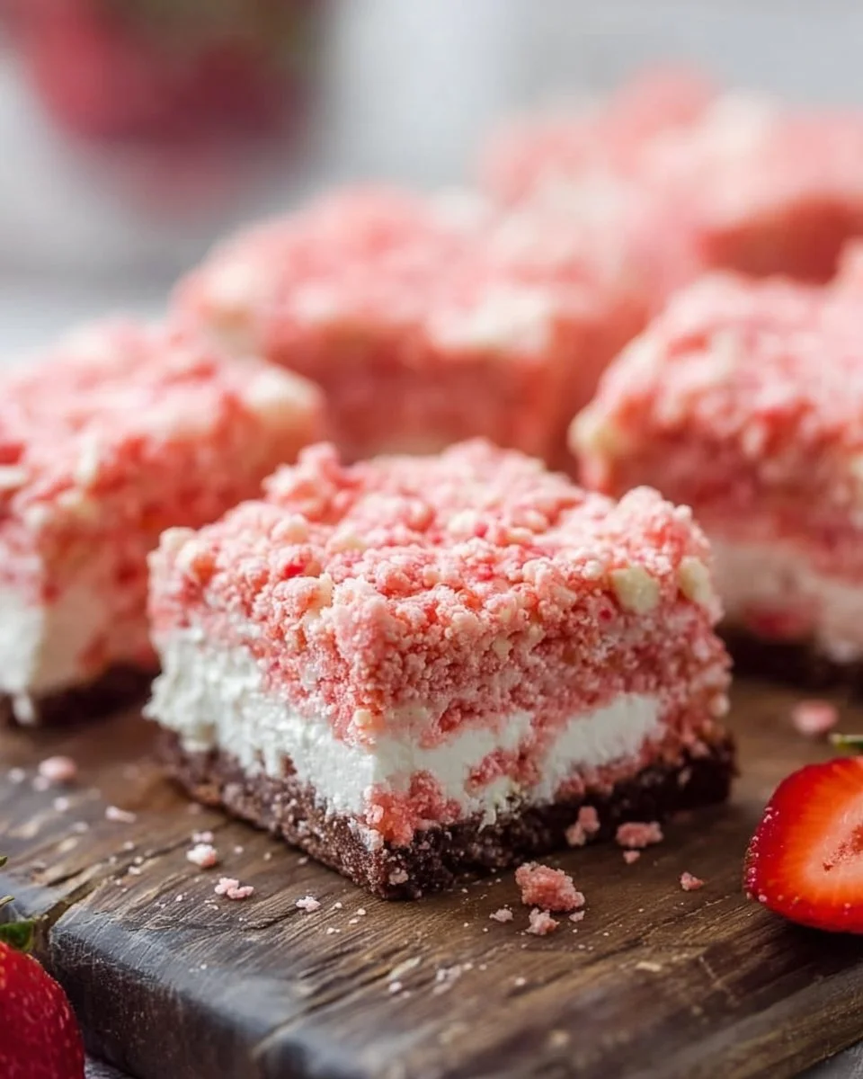 Delicious strawberry crunch brownies topped with a strawberry crumble