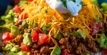 Delicious Taco Rice Bowl with toppings and ingredients