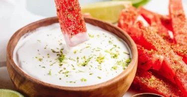 Tajin-coated spicy watermelon fries with coconut lime dipping sauce