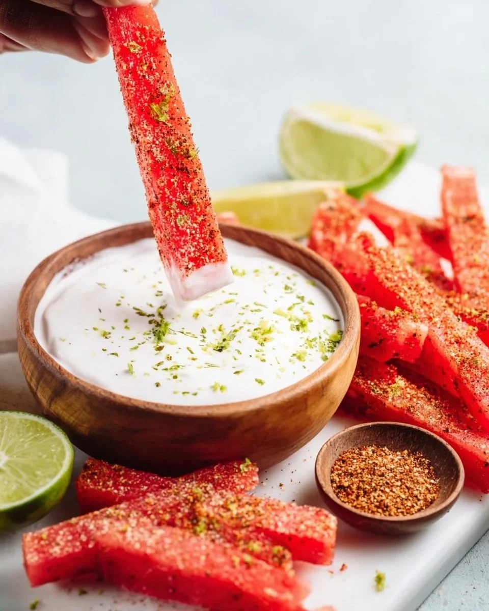Tajin-coated spicy watermelon fries with coconut lime dipping sauce