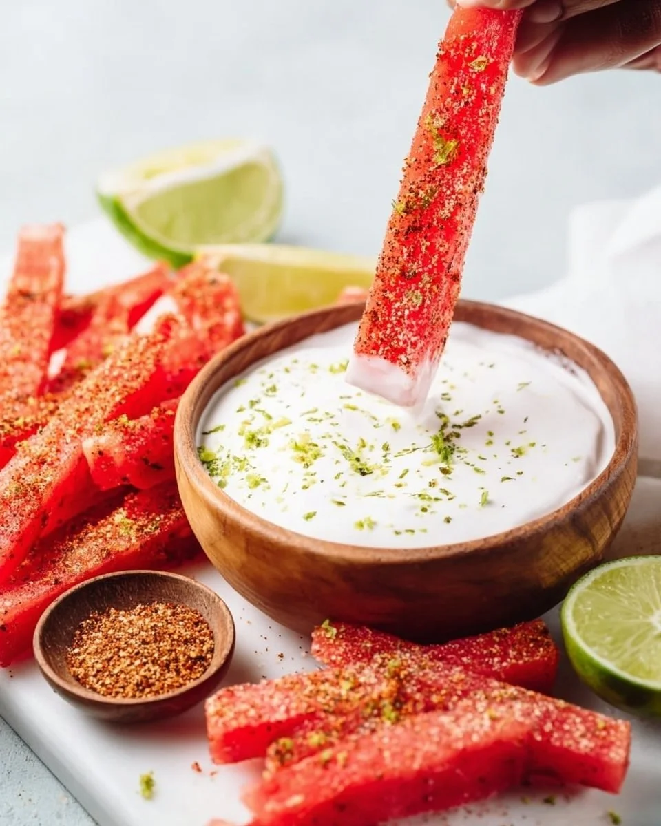 Tajin-coated Spicy Watermelon Fries with Coconut Lime Dipping Sauce