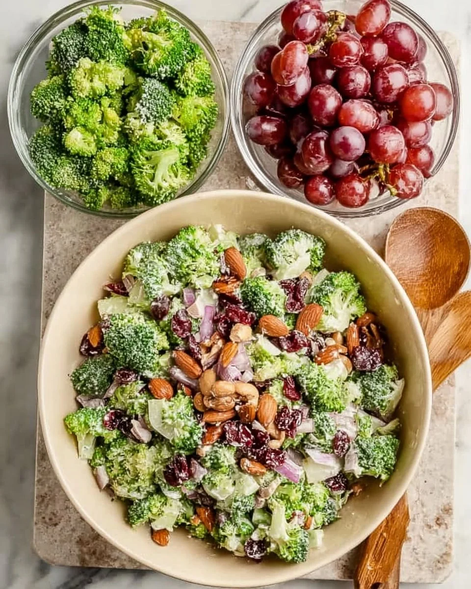 Colorful vegan broccoli salad with nuts and dressing in a bowl