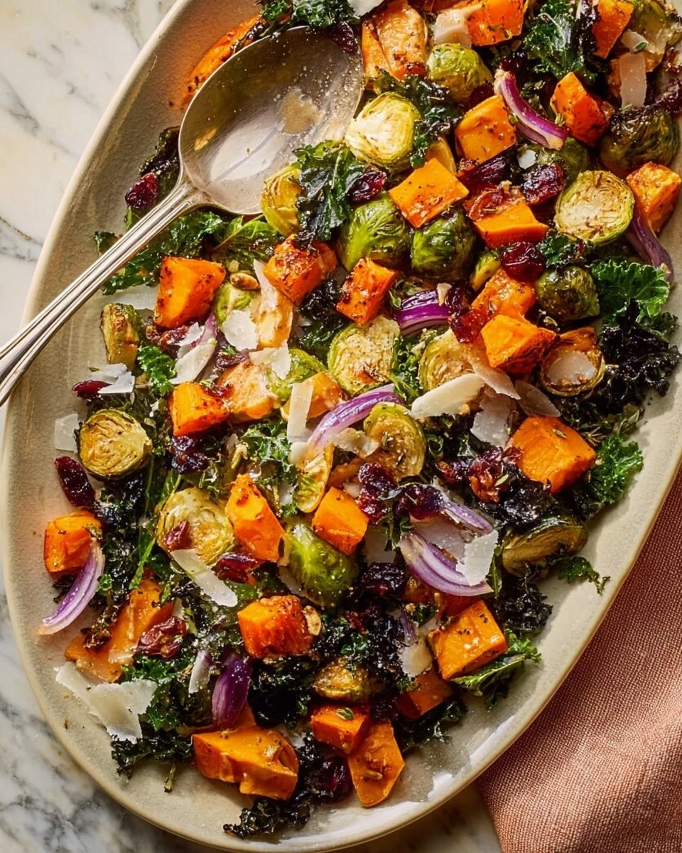 Warm roasted veggie salad with maple Dijon vinaigrette in a bowl